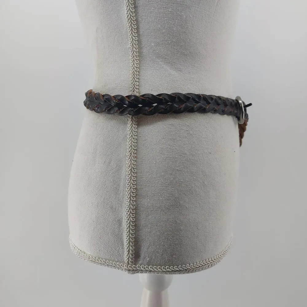 Brown Womens Sz M/L Leather Belt Braided Silver Tone Buckle